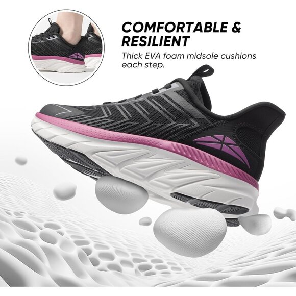 Women's Black Fuchsia Walking Shoes Comfort Breathable Non-Slip Gym Sneakers - Picture 3 of 8